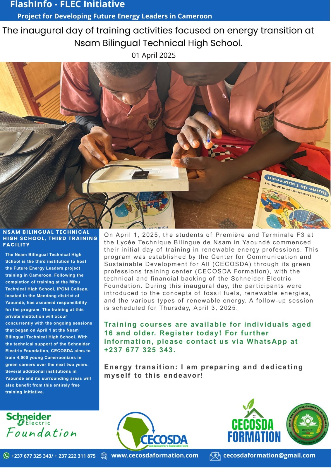 Second day of training activities on energy transition at Nsam Bilingual Technical High School